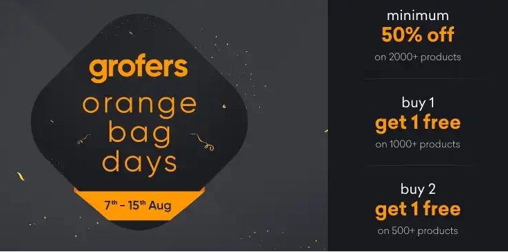 India Desire : Grofers Orange Bag Days : Get 50% Off + Buy 1 Get 1 Free On Grocery Shopping Between 7th To 15th August 2021 [GOBD Sale]